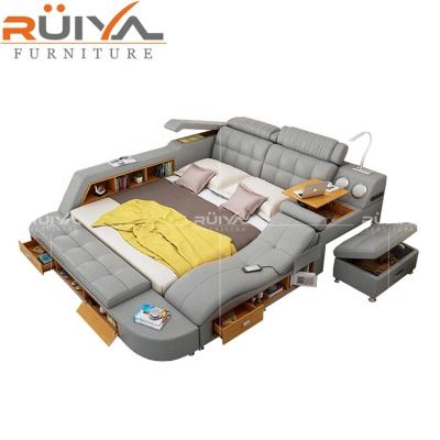 China (Size)Factory Hot Selling King Bed Multifunctional Modern King Size Leather Frame Adjustable Leather Bed With Massage Chair for sale