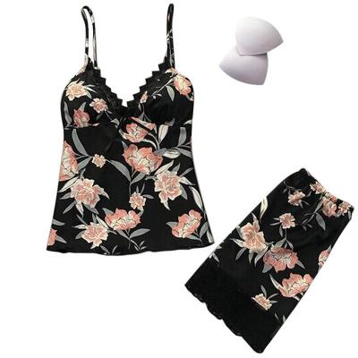 China Sleeveless Satin Cami Top Pajamas Sets Breathable Flower Print Satin Sleepwear Women Strap Nightgowns Lace Pajama Set for sale