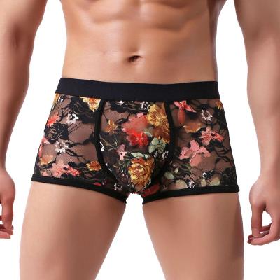 China Men's Breathable Boxer Briefs Black Breathable Underwear Flower Print Seamless Briefs Lace Up Printed Panties for sale