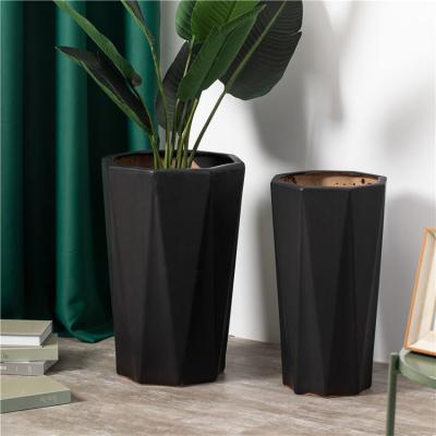 China Minimalism tall gardening black planter outdoor garden home balcony decor ceramic flower plant pot for sale