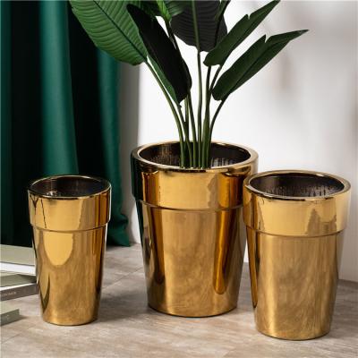 China Hot Sale Indoor Outdoor Decoration Cylinder Plant Pots Handmade Gold Tall Large Size Ceramic Flower Pots For Home Decor for sale