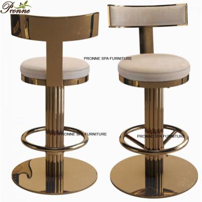 China Modern Luxury Golden Stainless Steel High Swivel Restaurant Beauty Salon Bar Home Bar Back Chair for sale