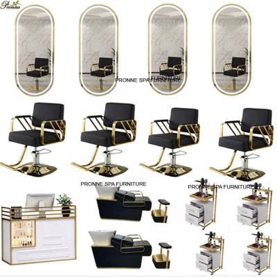 China Wall Mounted Lighted Hair Salon Furniture Black&Gold Hair Salon Furniture Sleek Mirror Hair Salon Chair Swirl Chair Package for sale