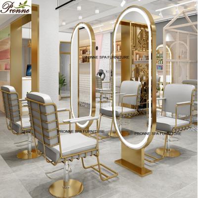 China Hot Sale Stainless Steel Gold Frame Double Lighted Hair Salon Simple Makeup Styling Station Salon Mirror Package With LED Light for sale