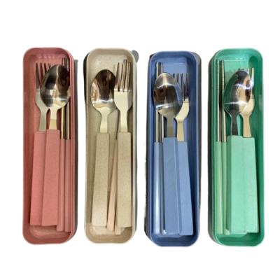 China Sustainable 3pc 304 Stainless Steel Cutlery Tableware Set Plastic Portable Wheat Straw Handle Spoon Fork Chopsticks for sale