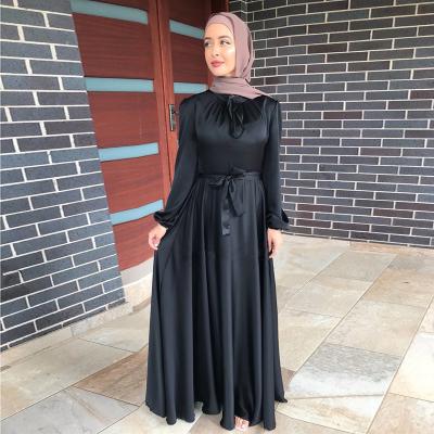 China New Women's Polyester 2023 Breathable Satin Kaftan Lace Up Elegant Silk Muslim Modest Dubai Long Sleeve Abaya Muslim Maxi Dress for sale