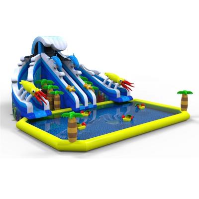 China Dolphin Aqua Park Multifunctional Tropical Palm Sea Playground Amusement Theme Inflatable Water Slide With Swimming Pool for sale