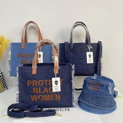 China Other 2023 New Dropshipping Protect Color Women Pinch Designer Tassel Handbags Denim Canvas Protect Color Women Tote Bag for sale