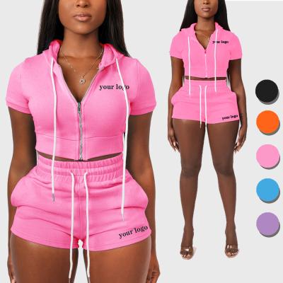 China QUICK DRY Sports Crop Top Hoodie Custom Logo Xs 2023 Summer Shorts Set Sweat Women Zipper Biker Shorts Set Casual Two Piece 2 Piece Jogger for sale