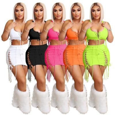 China New Design QUICK DRY Clothes For Women 2022 Summer Fashion Outfits Vest Sleeveless Drawstring Bodycon Hollow Out Women 2 Piece Skirt Set for sale