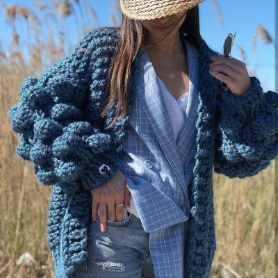 China Anti-wrinkle girls gray color wool-acrylic cuteness on chunky sleeves hand knit open front cozy cardigan for sale