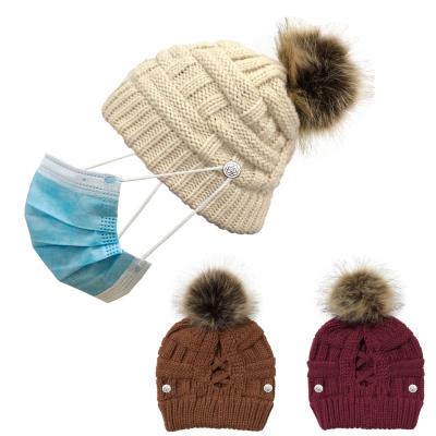 China Winter Medium Bamboo Ponytail Knitted Hat Button Wearing Mask Outdoor Warm Knitted Hat for sale