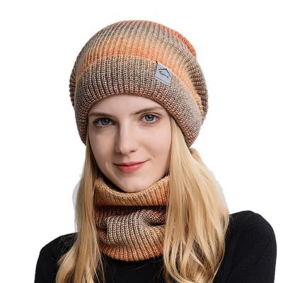 China Lady Adult Woolen Beanie Warm Gradient Knitted Colorful Winter Fashion Mid 2021 Scarf And Hat Set for sale