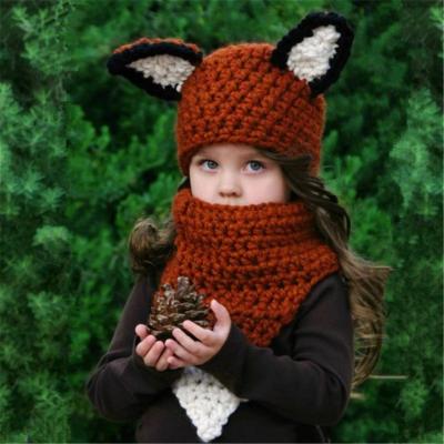 China Autumn Medium Winter Cute Fox Two-piece Children's Shawl Hand-Knitted Hat Warm And Thick Windproof Hat for sale