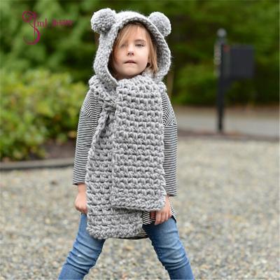 China 2021 mid winter new fashion crochet animal patterns knitting hooded scarf with pom poms for sale