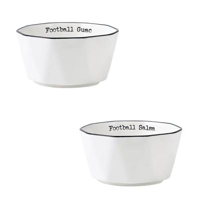 China Durable Imitation Enamel With Embossed Black Border Line Football Salsa And Guac Immersion Ceramic Bowl Set for sale