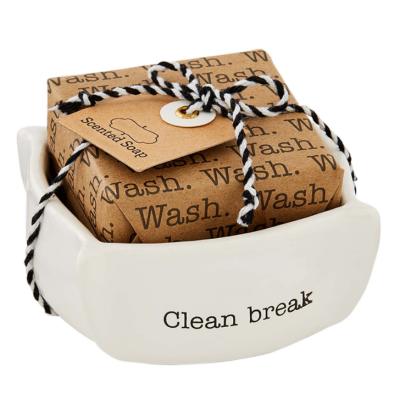 China Debossed Viable Feeling About Coming Clean Ceramic White Soap Dish With Hand Soap for sale