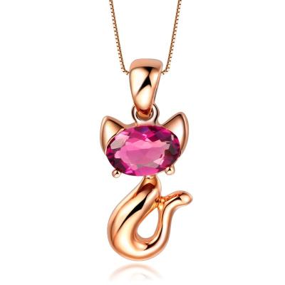 China No Fade No Fade Rose Gold Plated 925 Sterling Silver Inlay Red Corundum Kitten Necklace Pendant Cute Cat for sale