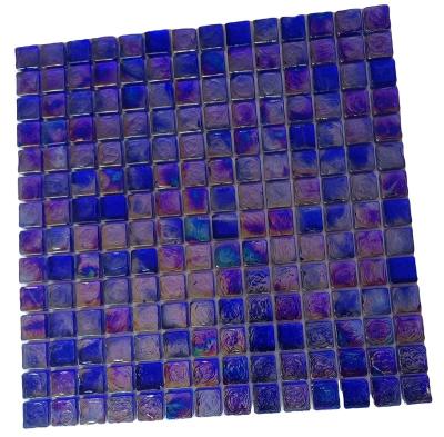 China Iridescent Parquet Square Dark Blue Wall Tiles Glass Mosaic For Swimming Pool Backsplash for sale