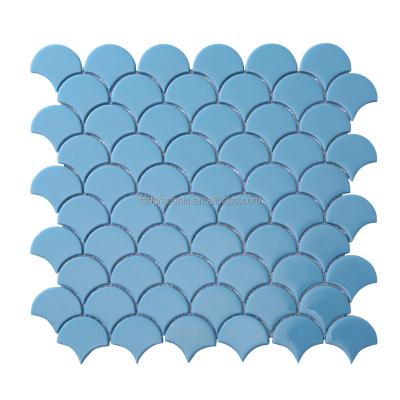 China Parquet Fish Peel Blue Solid Glass For Pool Bathroom Floor Mosaic Slab for sale