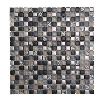 China Luxury black textured parquet glitter plating square shaped backsplash glass mosaic slab for home decor for sale