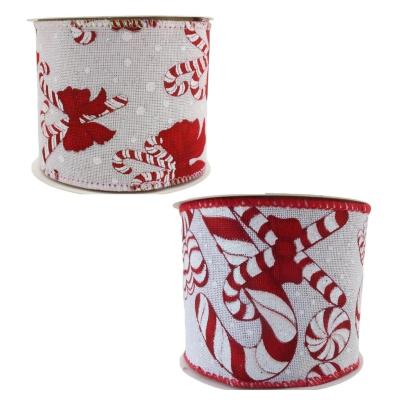 China Wholesale Rose Christmas Tree Ribbon Xmas Craft Supplies Candy Cane Linen Sequined Wired Christmas Ribbon Red and White Christmas Printed Burlap Ribbon for sale