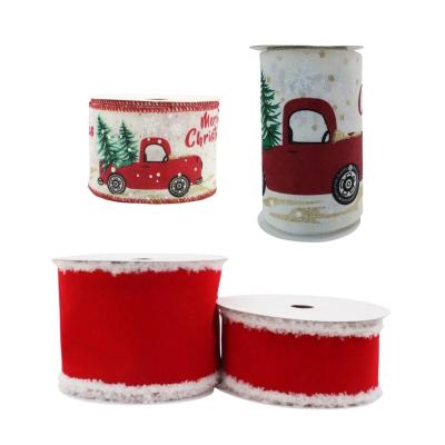 China Champagne Truck Merry Christmas Wired Velvet Plush Edge Rose Christmas Tree Ribbon Decoraciones de Navidad Red Christmas Ribbon for Decoration Garlands Bows for sale