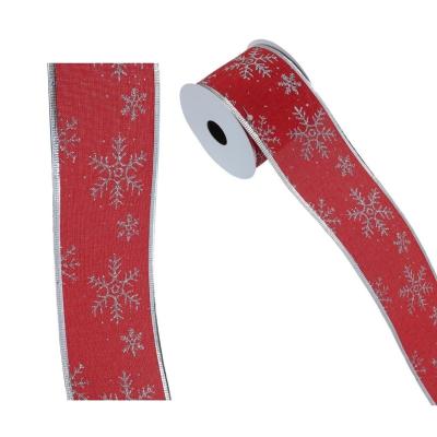 China Large Red Burlap Christmas Ribbon Cable Edge Snowflakes Christmas Ribbon Rose Christmas Tree Ribbon Wholesale Custom Red Satin Burlap Ribbon for sale