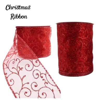 China Sheer Rose Christmas Tree Ribbon Xmas Decoration Swirls Pattern Shimmer Red Glitter Christmas Ribbons For Gift Wrap Decoration for sale