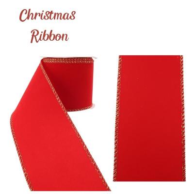 China Christmas Decoration Suppliers Rose Christmas Tree Ribbon Navidad Custom Red Pure Linen Solid Ribbon Ribbon Wired Edge for sale