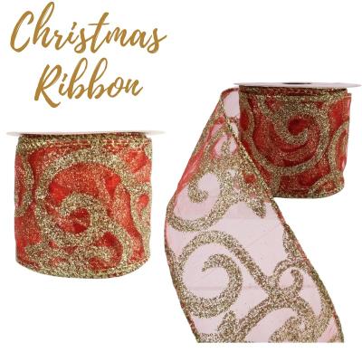 China Rose Christmas Tree Ribbon Natale Ribbon Party and Holiday Supplies Pure Gold Swirls Pattern Shimmer Red Christmas Ribbon for Gift Wrapping for sale