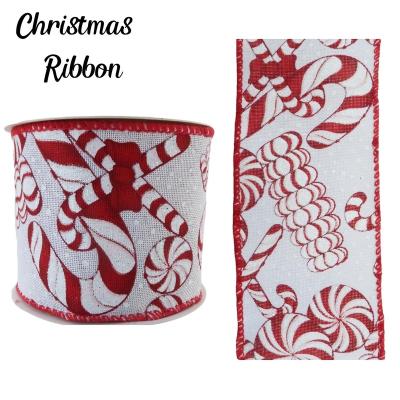 China White and Red Shimmering Sparkling Candy Cane Pattern Linen Tartan Christmas Rose Christmas Tree Ribbon Xmas Decor Wired Ribbon for sale