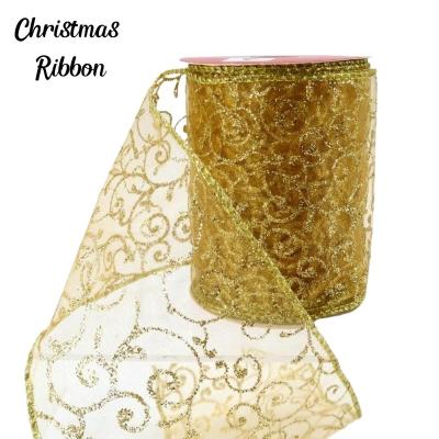 China Rose Christmas Tree Ribbon Christmas Decor Party and Holiday Supplies Sheer Swirls Pattern Shimmer Glitter Gold Christmas Ribbon for sale