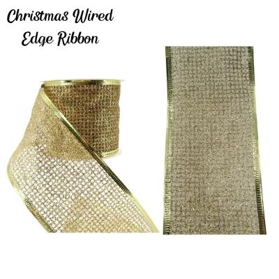 China Rose Christmas Tree Ribbon Christmas Decoration Xmas Sparkling Metallic Mesh Tartan Ribbon Wired Edge Gold Shimmer Christmas Ribbon for sale