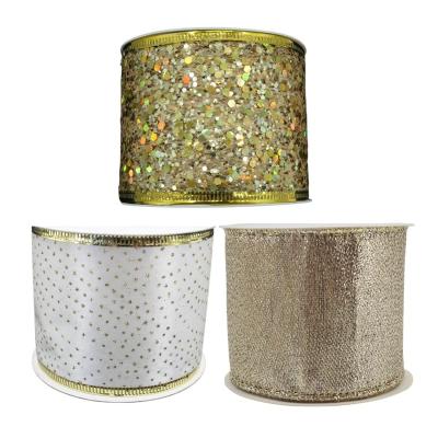 China Rose Christmas Tree Ribbon Natale Home Decor Wired Metallic Sequin Rim Christmas Decor Ribbon Exciting Edge Ribbon Gold for sale