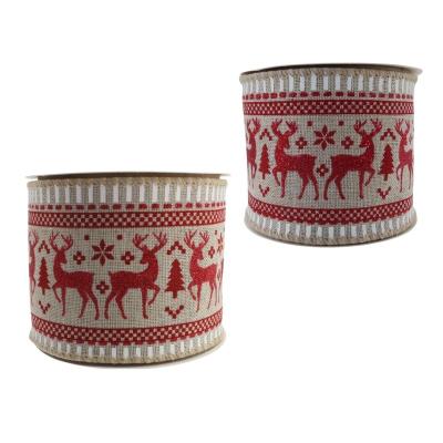 China Rose Christmas Tree Decoration Elk Rustic Red Pattern Fabric Burlap Christmas Solid Burlap Ribbon Christmas Tree Ribbon Xmas for sale