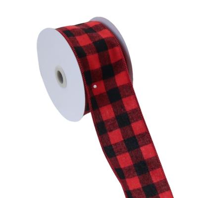 China Rose Christmas Tree Ribbon Christmas Decoration Satin Red Black Checkered Iron Wired Edge Fabric Velvet Tartan Christmas Buffalo Check Plaid Ribbon for sale