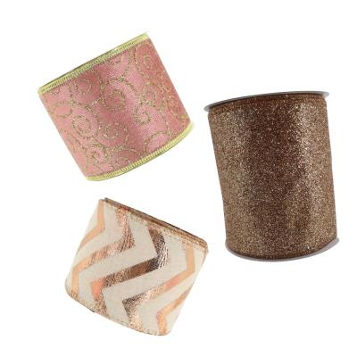 China Rose Gold Velvet Stripe Christmas Wrap Ribbon Wavy Christmas Swirl Pattern Decorative Ribbon Fringe Stripe Rose Christmas Tree Ribbon Xmas Wired Ribbon for sale