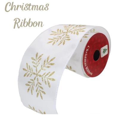 China Gold Foil Printed Cable Polyester Ribbon Decorative Satin Snowflakes Ribbons Rose Christmas Tree Ribbon Xmas Large for sale