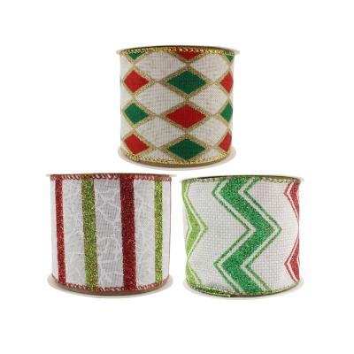 China Rose Christmas Tree Ribbon Christmas Party Supplies Burlap Ribbon Mixed Color Stripe Diamond Design Christmas Printed Burlap Ribbon for sale