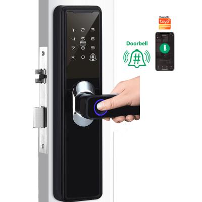 China Home Waterproof Smart WIFI APP Lock Office Apartments Hotel Aluminum Fingerprint Inside Digital Handle Tuya Keyless Smart Door Lock With Doorbell for sale