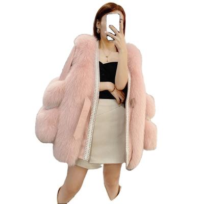 China 2022 New Anti-wrinkle fox fur top ladies thick rivet fur coat net red beaded fur mid length cardigan for sale