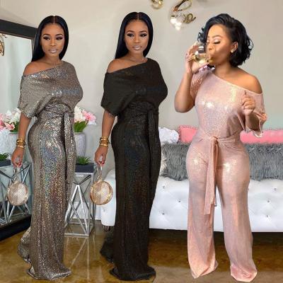 China Waterproof Women Plus Size Elegant Short Sleeve Maxi Jumpsuit For Party With Belt Off Shoulder Sequin Overalls for sale