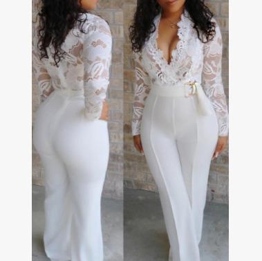 China Anti-pilling Export China Plus Size Deep V-Neck Lace Overalls Women Elegant Long Sleeve White Overalls for sale