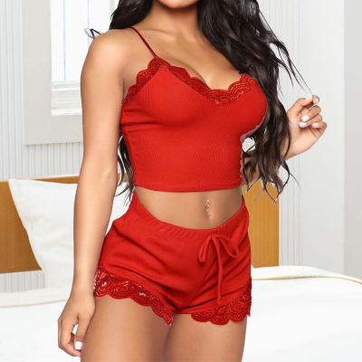 China High Quality QUICK DRY Material Night Wear Red Sexy Women Lingerie Lace Pajamas Sleepwear Two Piece Set for sale