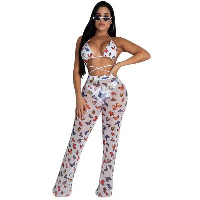 China Summer Large Size Women Falbala Wide Leg Pants 3 Piece Bikini Set With Panties Mesh Swimwear Suit for sale