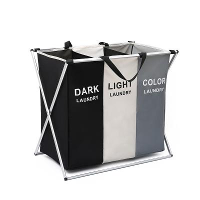 China Eco-friendly Durable Amazon 3 Sections Aluminum Frame Durable Goods Dirty Clothes Bag For Home Bathroom Bedroom Laundry Basket Hamper for sale