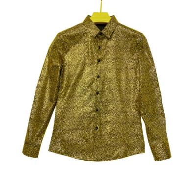 China Young Men's Fashion Nightclub Designer 100% Silk Floral Shirt Golden Shirt Long Sleeve Polyester Mens Shirt for sale