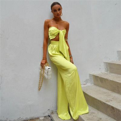 China Summer Fashion High Street Women's Breathable Suit Chest Bandage Tops+ Waist High Wide Leg Pants 2 Piece Set Women for sale