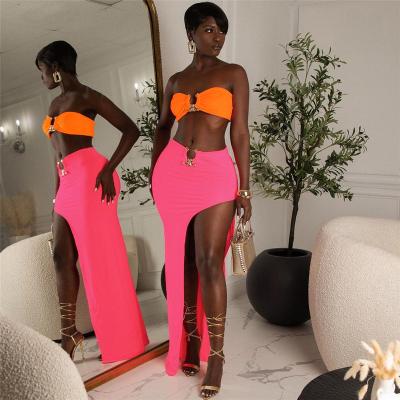 China Unique Side Cut Out Round Button Chest Skirt Breathable Sexy Costume Street Party Club Tops+ Women 2 Piece Set for sale